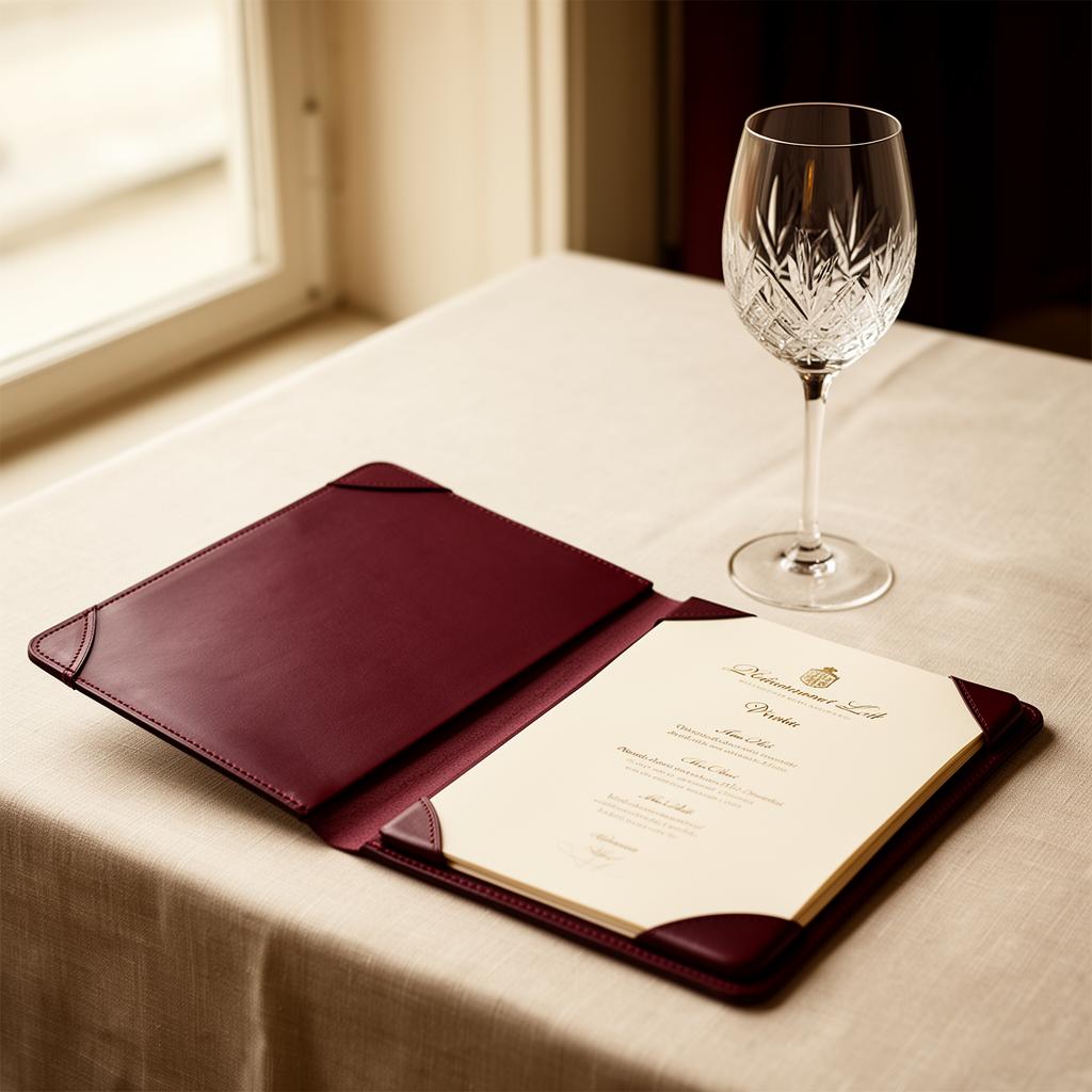 Leather wine list and crystal glass